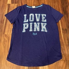 VICTORIAS SECRET PINK RARE BLING SEQUIN "LOVE PINK" SCOOPNECK T SHIRT EUC MEDIUM
