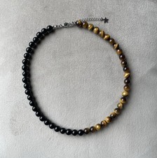 TIGER  S EYE BLACK ONYX Colorblock Beaded Unisex Choker Necklace 17  Handcrafted