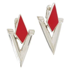Avante Clip On Earrings Silver Tone Retro Geometric Doorknocker USA Red 2"