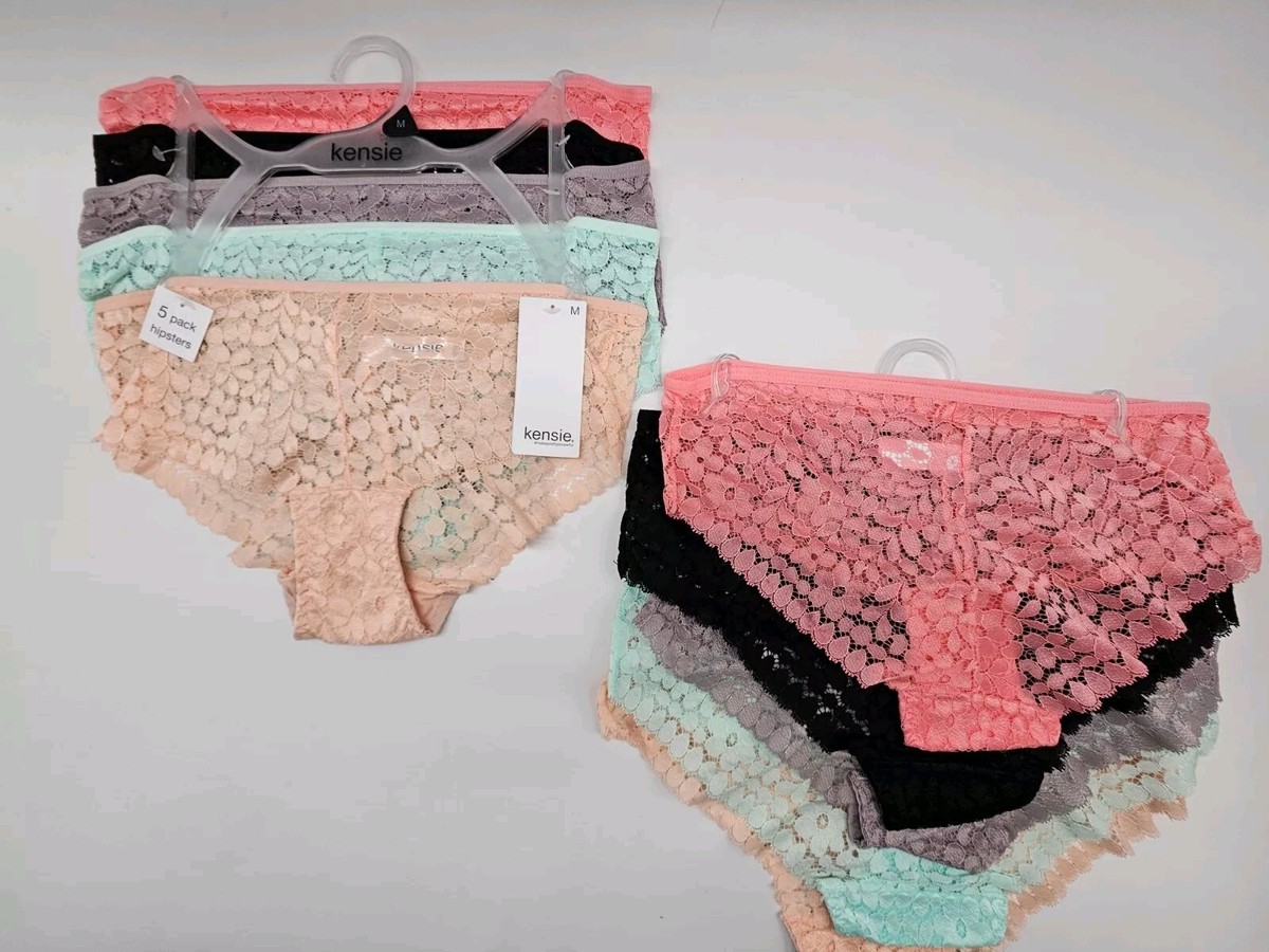 KENSIE Women's M L 5 Pack Lace Hipster Panties Black Pink Gray