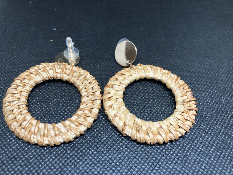 Pendientes colgantes gruesos de ratán circular de moda #408 Foto 4 de 4