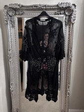 Unbranded Women’s Black Sheer Lace Pearl Beaded Kimono Beach Cover Up Kaftan