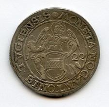 SWITZERLAND 1622 CANTON OF ZUG THALER RARE NICE TONED XF. DAV#4633.