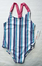 NWT Dot & Zazz Girl Swim S 6/7 Bathing suit 1pc White Striped Swimsuit UPF50