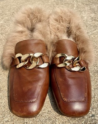 Vintage Italian Leather Loafer Slide Shoes With Rabbit Fur Size 7.5