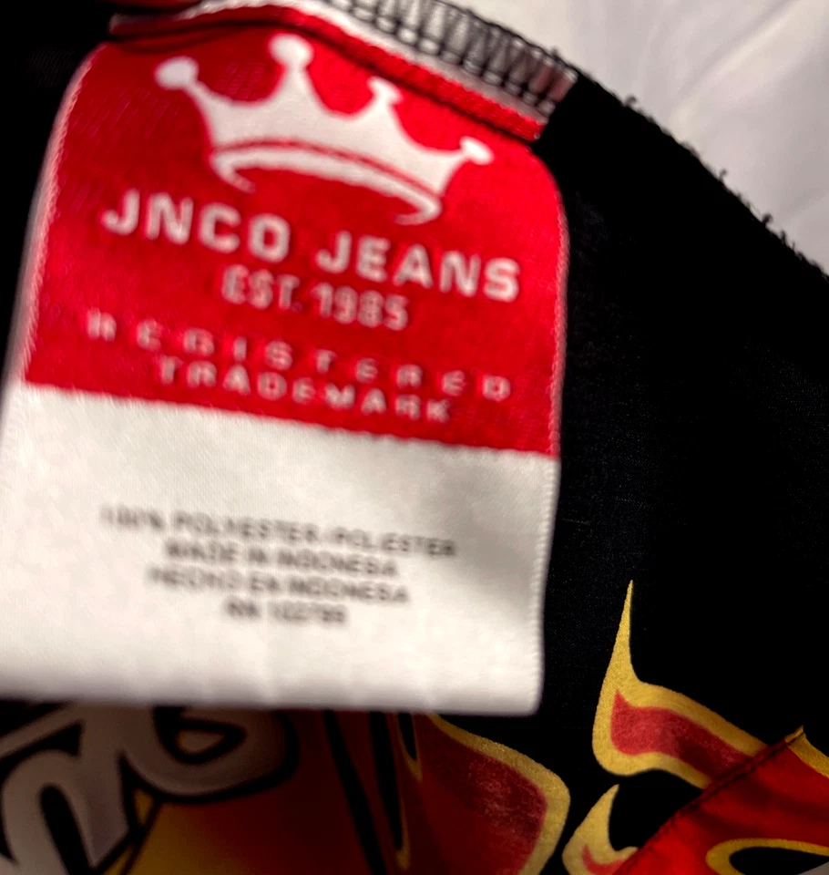 Camisa Jeans JNCO Para Hombres XL Negra Roja Gráfica Llama Manga Corta Y2K Patín Retro Foto 3 de 4