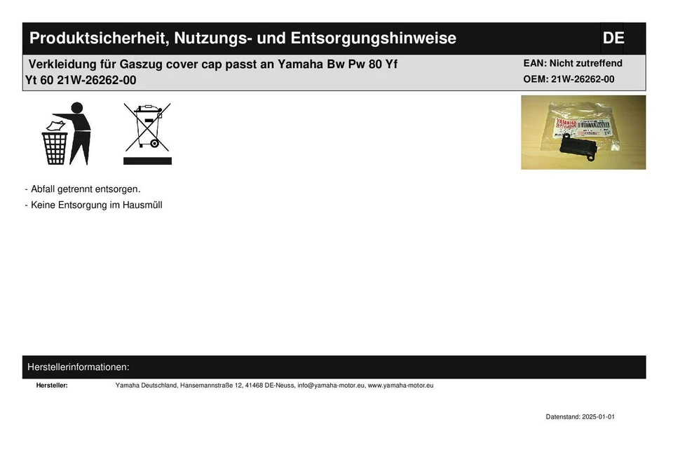 Capot pour Étrangler Couverture Cap Compatible À Yamaha Bw Pw 80 Yf yt 60 - Photo 2/2