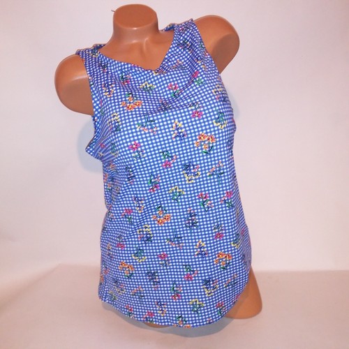 Lands End Swim Tankini Top Size 16 Blue White Checkered Floral Lightly Lined - Picture 2 of 9