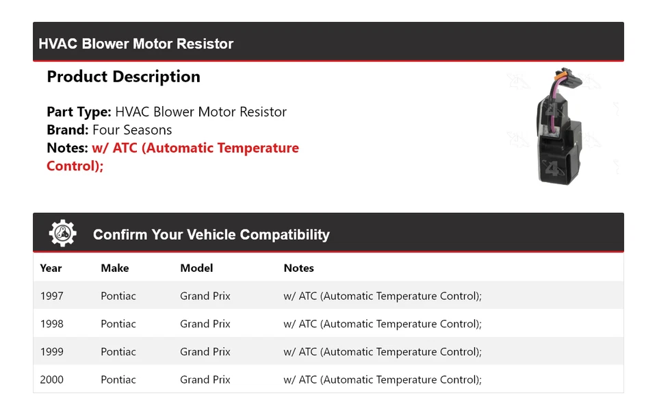 Resistencia de motor soplador de climatización para Pontiac Grand Prix 1997-2000 4 estaciones 1998 1999 Foto 2 de 4