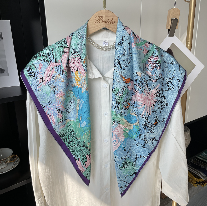 Pure 18 Momme Twill Silk Bandanna Scarf in Forest Print 88X88cm Square Shawl