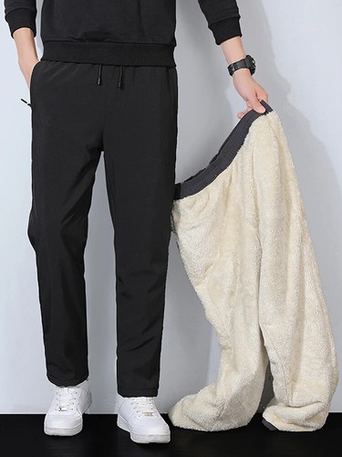 Men's Pants Thick Warm Zip Pockets Solid Color Windproof Straight Track Trousers
