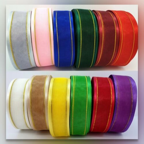 3 metres ~ Sheer-Satin Ribbon with Gold Stripe  15mm, 25mm, 38mm ~ 14 Colours  - Picture 1 of 15