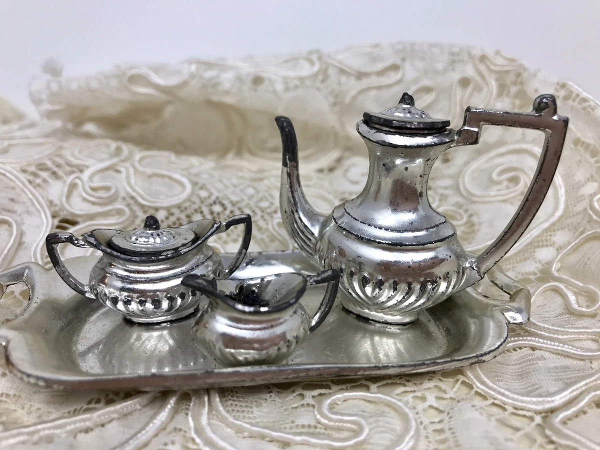 6 Pc Vintage Miniature Dollhouse Silver Tea Set Teapot Creamer Sugar Tray Japan