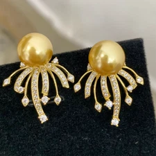 Gorgeous A Pair Of Huge AAA 10-11mm South Sea Round Golden  Pearl Earring 925s