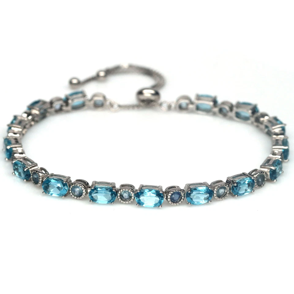 Gemstone Sky Blue Topaz & Blue Sapphire 925 Sterling Silver Bracelet 10.5" - Image 2 of 4