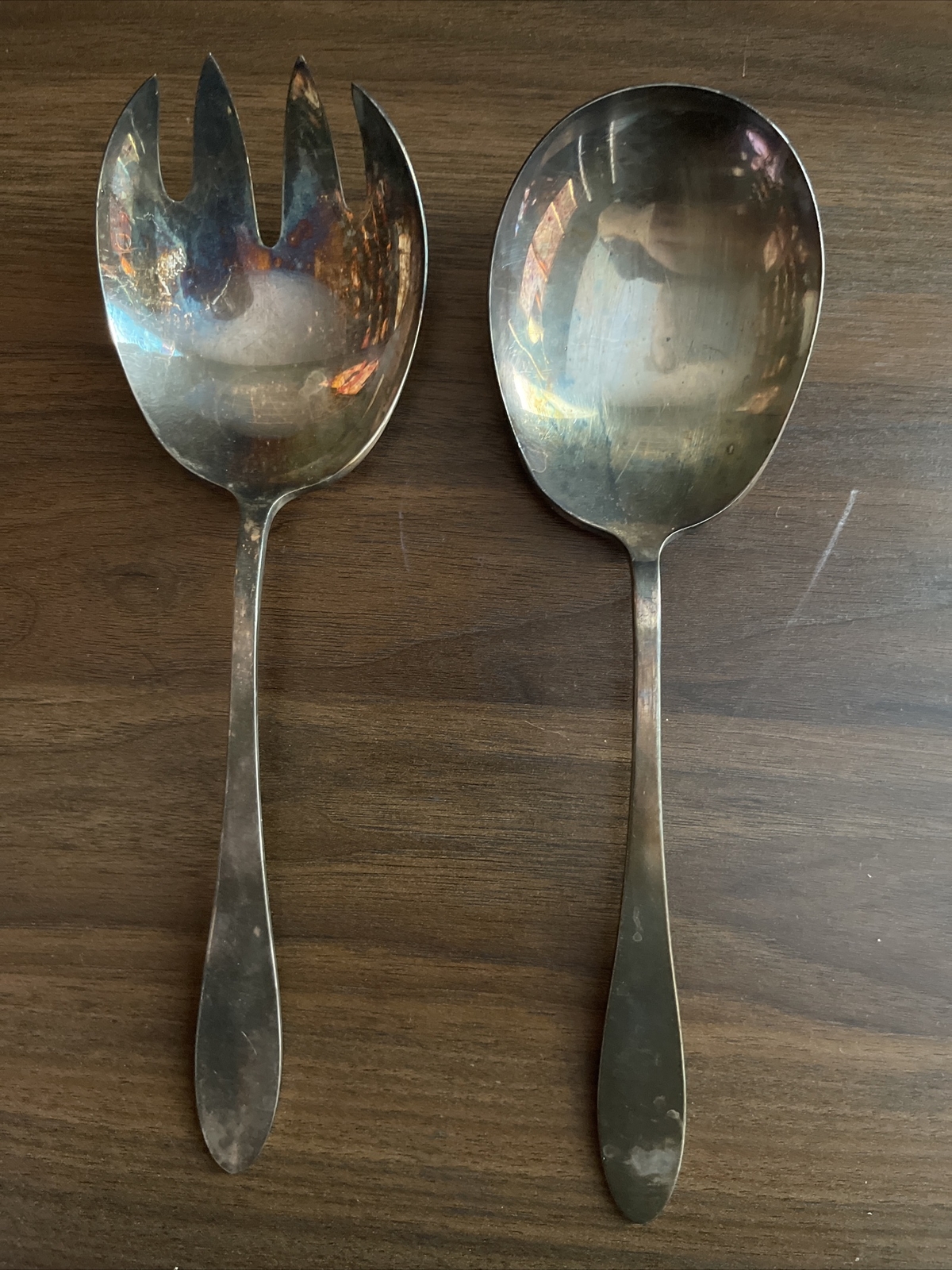 Vintage MCM Reed & Barton Silverplate Salad Serving Fork & Spoon Salad Set 8”