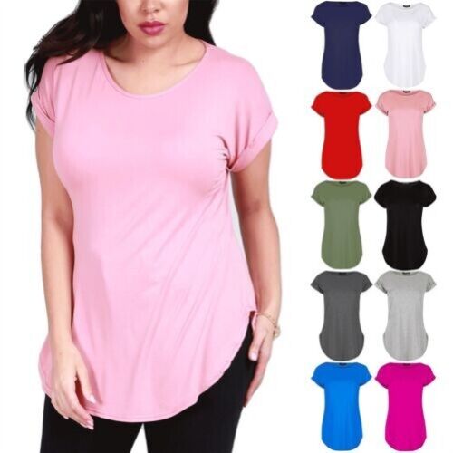 Damen Gebogen Saum Trikot Einfarbig Top Gekrempelt Flügelärmel T-Shirt Übergröße - Bild 1 von 18