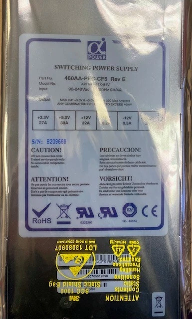 ALPHA F5 460AA-PFC-CF5  REV E APDM-461X-81V 460W POWER SUPPLY - Image 2 of 4