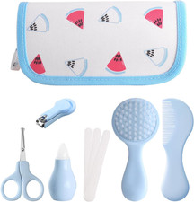 Baby Grooming Kit 6 - Piece Set in Storage Bag Blue - Soft Brush, Comb, Nail Cl