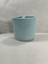 Light Blue Ceramic Toothbrush Holder W/ Embossed Floral Pattern
