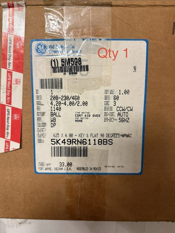 GE 5K49RN6118BS Electric Motor 208-230/460V 3 Phase 1140 RPM 60Hz .625" Shaft