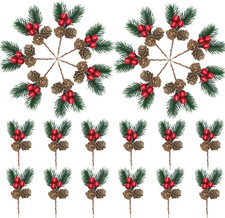 Christmas Floral Picks, 30Pcs Pine Cone Holly Berry Stems for Crafts, Artificial
