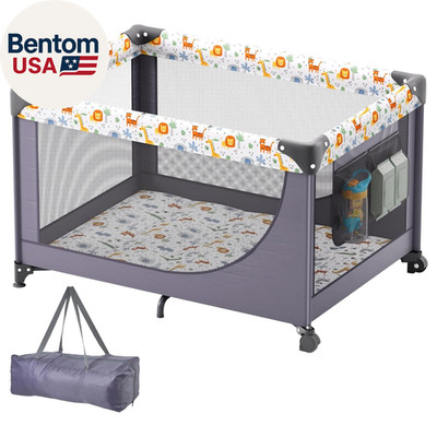 Baby Travel Crib and Play Yard, Folding Baby Playpen with Soft Mattress Pad, Por