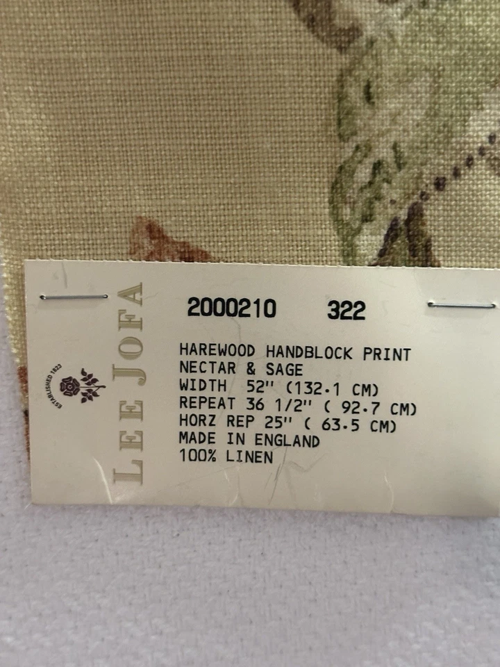 Lee Jofa Linen Nectar & Sage Floral Fabric Sample Harewood Handblock England - Image 3 of 3