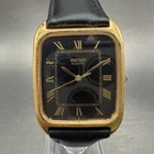 Seiko Watch Men 28mm Black Dial Gold Tone Rectangle 9021-5170 New Battery VTG