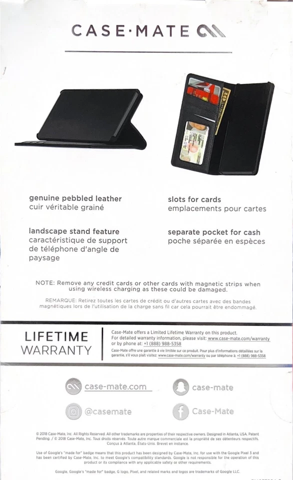 Case-Mate 钱包式对开式皮革保护壳 适用于谷歌 Pixel 3 - 黑色 — 第 2/3 张图片