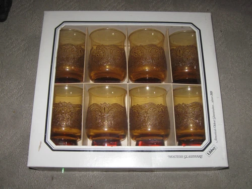 Vintage Libbey Hostess Glassware Amber Set of 8 Box Appears Very Rare 854-7854
