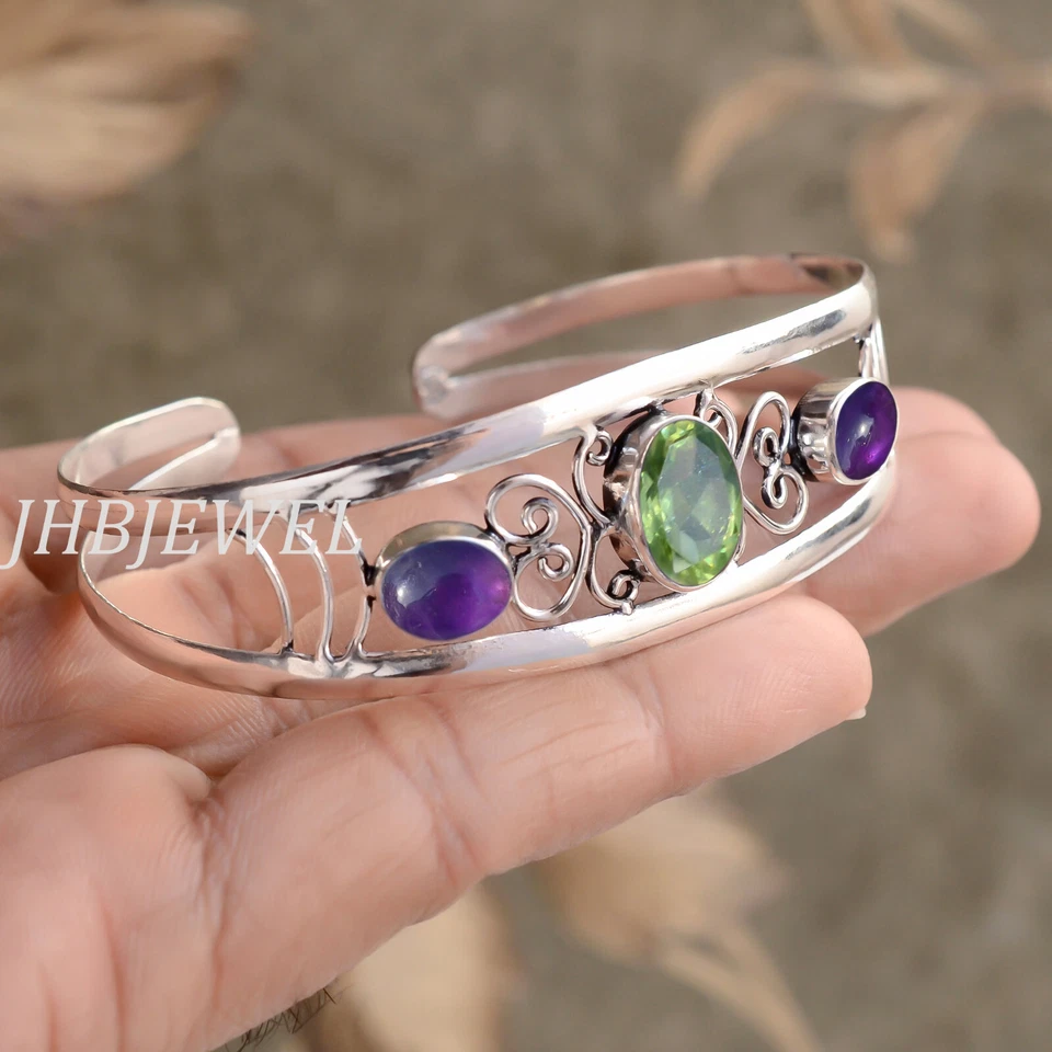 Faceted Peridot & Amethyst Gemstone 925 Sterling Silver Bangle Cuff For Function - Image 4 of 4