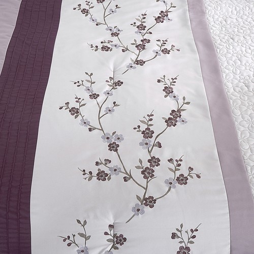 7-Piece Purple Pleated Stripe Embroidered Floral Cherry Blossom Comforter Set - Picture 2 of 6