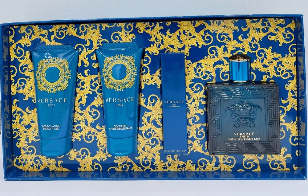 Versace Eros 4pcs Set for Men EDP Spray (3.4oz + 0.3oz), Gel 2.5oz, Balm 2.5oz