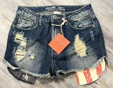 NWT Mossimo Junior Women s Blue USA Cotton Denim Destructed Frayed Hem Shorts 1