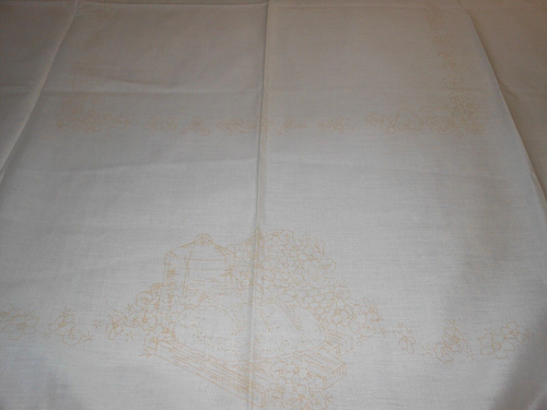 Stamped Ivory Linen Needlework Tablecloth Floral Daisey To Be Finished 54"x 54" - Picture 14 of 15