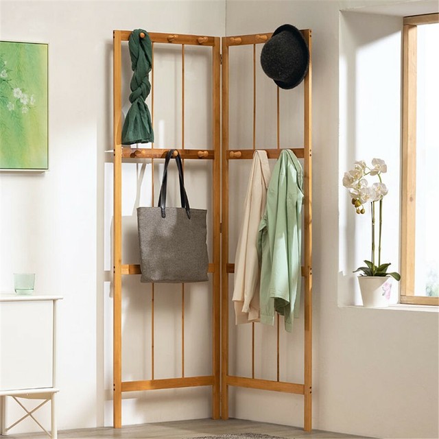 Foldable Wood Clothes Rail Stand Corner Shelves Storage Coat Garment