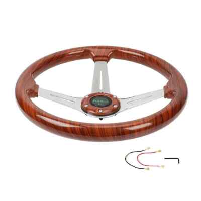   RASTP 14'' Classic Wood Grain Steering Wheel Chrome Spoke 6 Bolt w/ Horn  