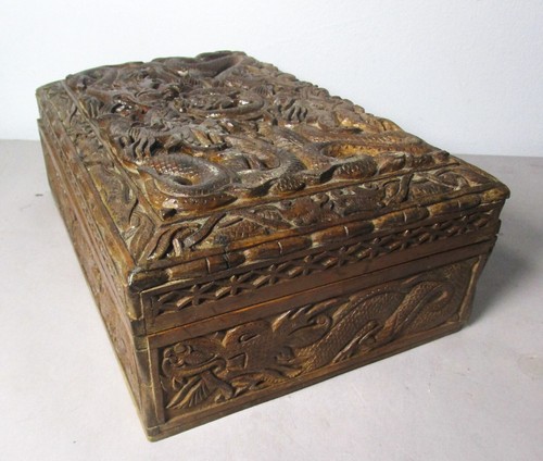 Very Fine Carved Antique ANGLO-INDIAN Humidor Box w/ Many Dragons, c. 1890 - Picture 5 of 9