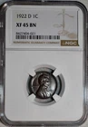 NGC XF-45 BN 1922-D Lincoln Cent, Glossy, Chocolate-Brown, PQ specimen.