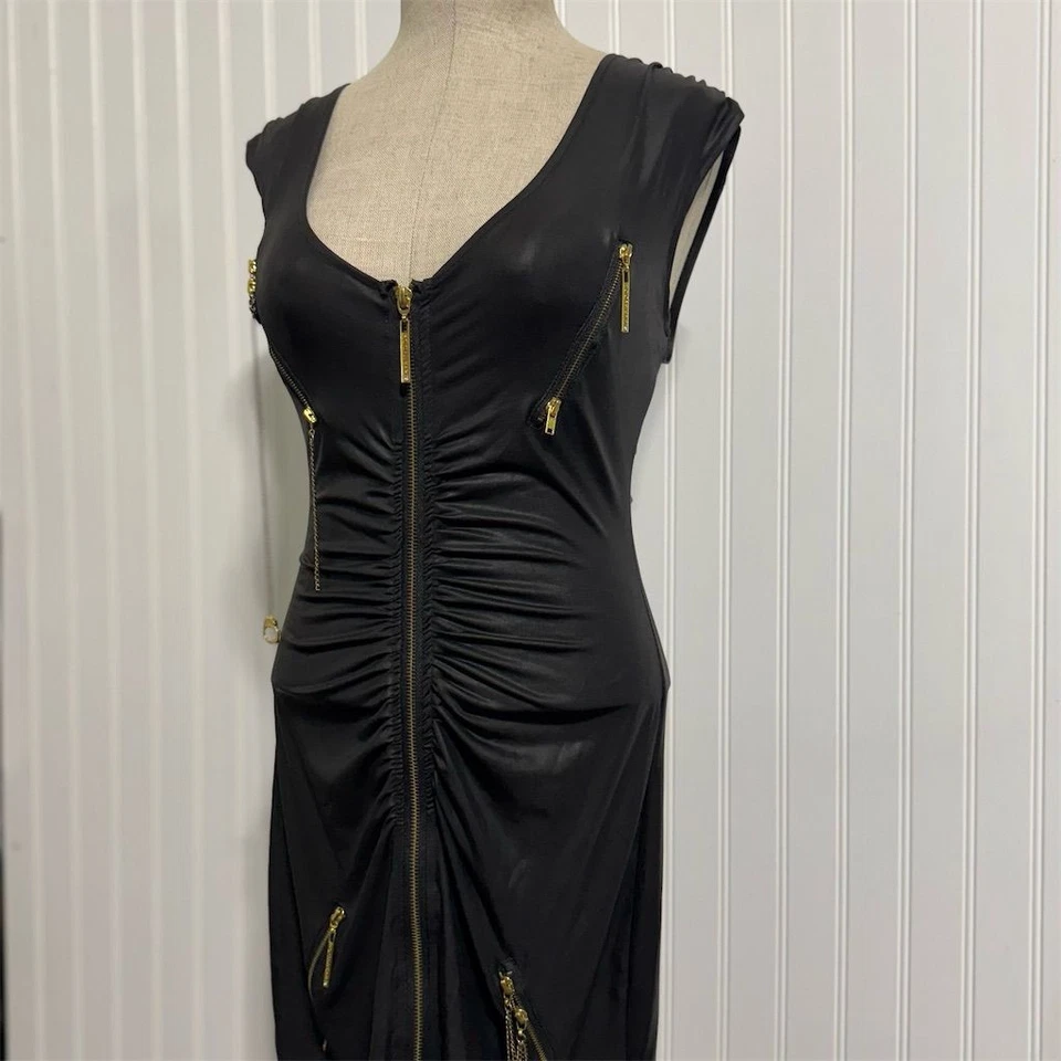 VTG Rocawear M Black Bodycon Dress Gold Zippers Chains Y2K Streetwear Glam - Image 2 of 4