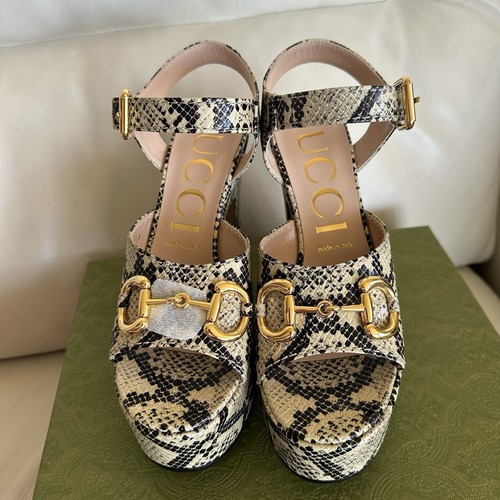 NEW Gucci Beige & Brown Python Horsebit Heeled Sandals Sz 38 - Picture 6 of 12