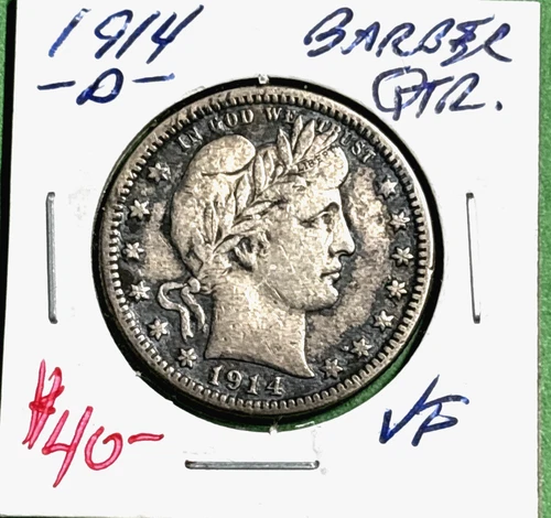1914-D Barber Quarter - Strong Liberty Band VF condition