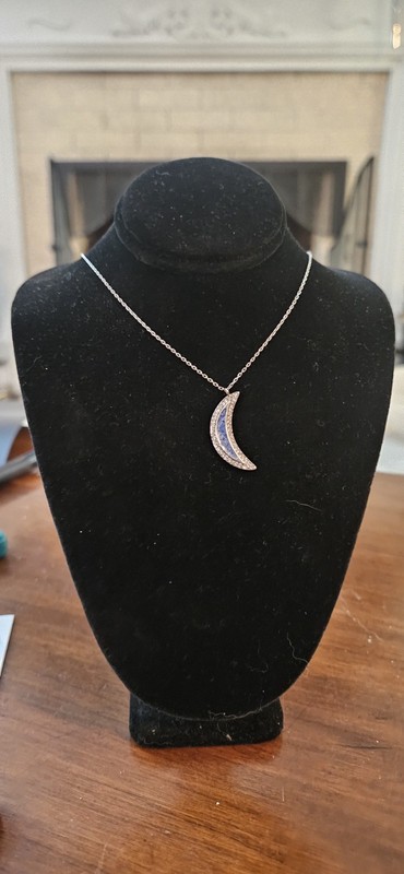 925 TR Stamped: Crescent Moon Charm, Lapis CZ Sterling Silver Pendant Necklace