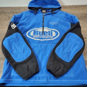 Vintage Buell Motorcycles Harley Davidson Hooded Half Zip Size L Pullover Blue 