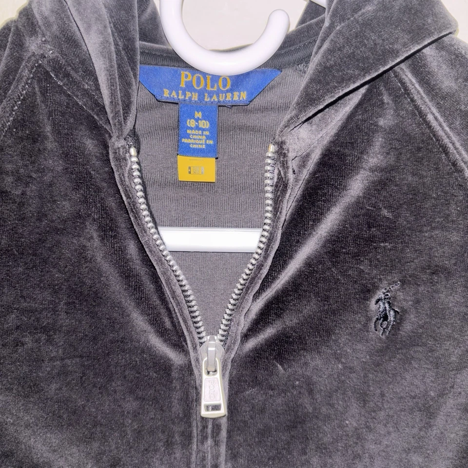 NUEVO CON ETIQUETAS Polo Ralph Lauren Terciopelo Cremallera Completa Sudadera con Capucha Chaqueta Niñas M (8/10) Negro Logo Foto 3 de 4
