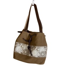 Ella & Elly Brown Brown Canvas Drawstring Shoulder Bag Tote with Floral Motif