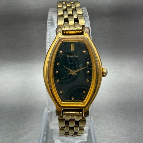 Seiko Watch Women 18mm Green Dial Gold Tone Oval V400-5779 New Battery Vintage