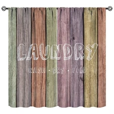 Laundry Room Theme Curtains,Wash Dry Fold Colorful Wood Plank Print Fabric Wi...
