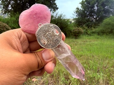 Rose Quartz Heart Purple Fluorite Triple Moon Wand Crystal Scepter Ornment